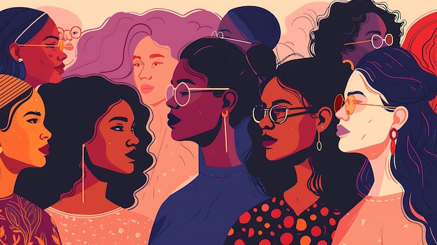 Mujeres feministas interseccionalidad ilustración de grupo de mujeres diversas feminismo interseccional